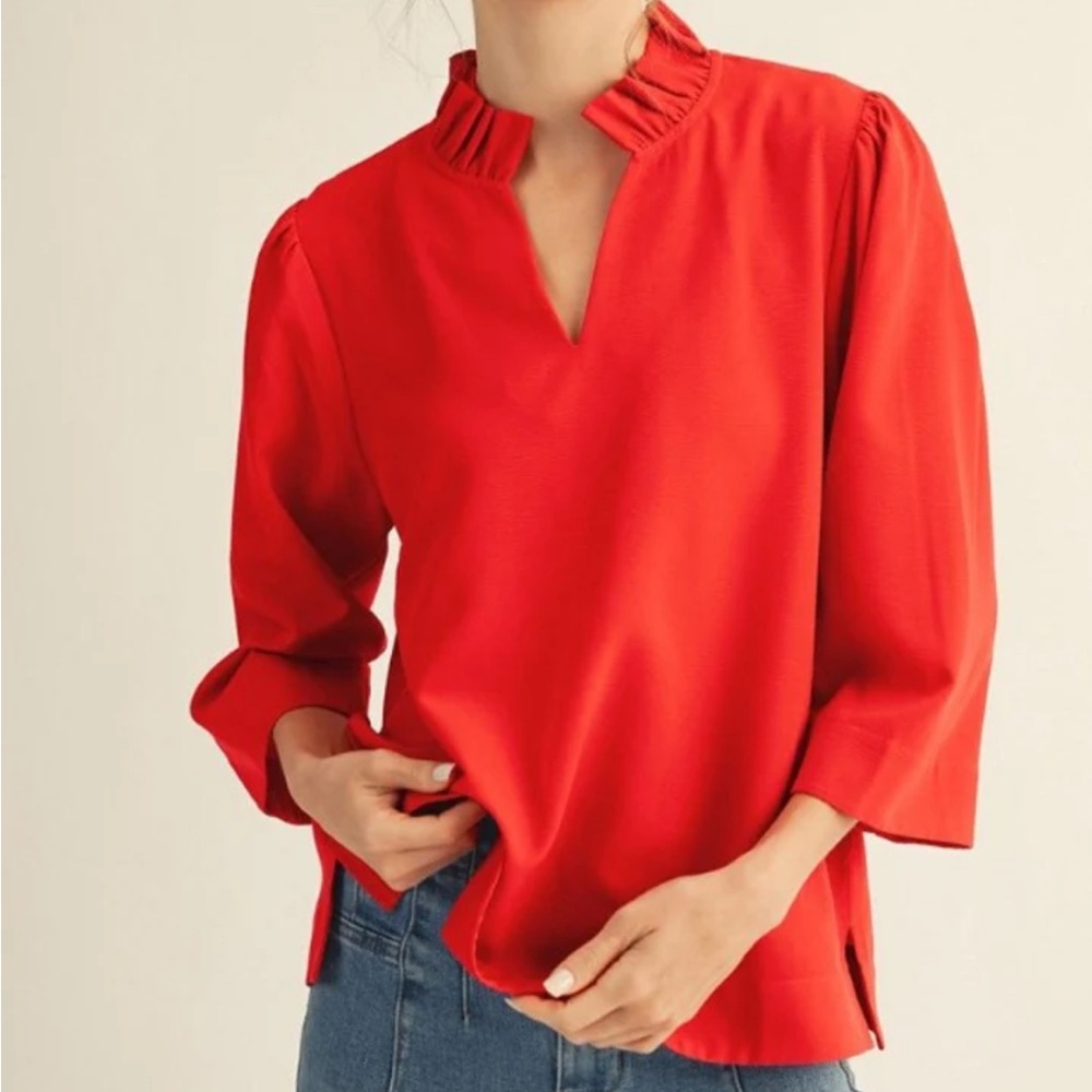 Jodifl Red Ruffled V-Neck Women's Top